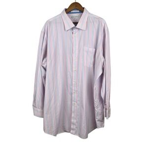 Paul Fredrick Mens 20-37 Non-Iron Cotton Broadcloth Stripe Dress Shirt Pink Blue